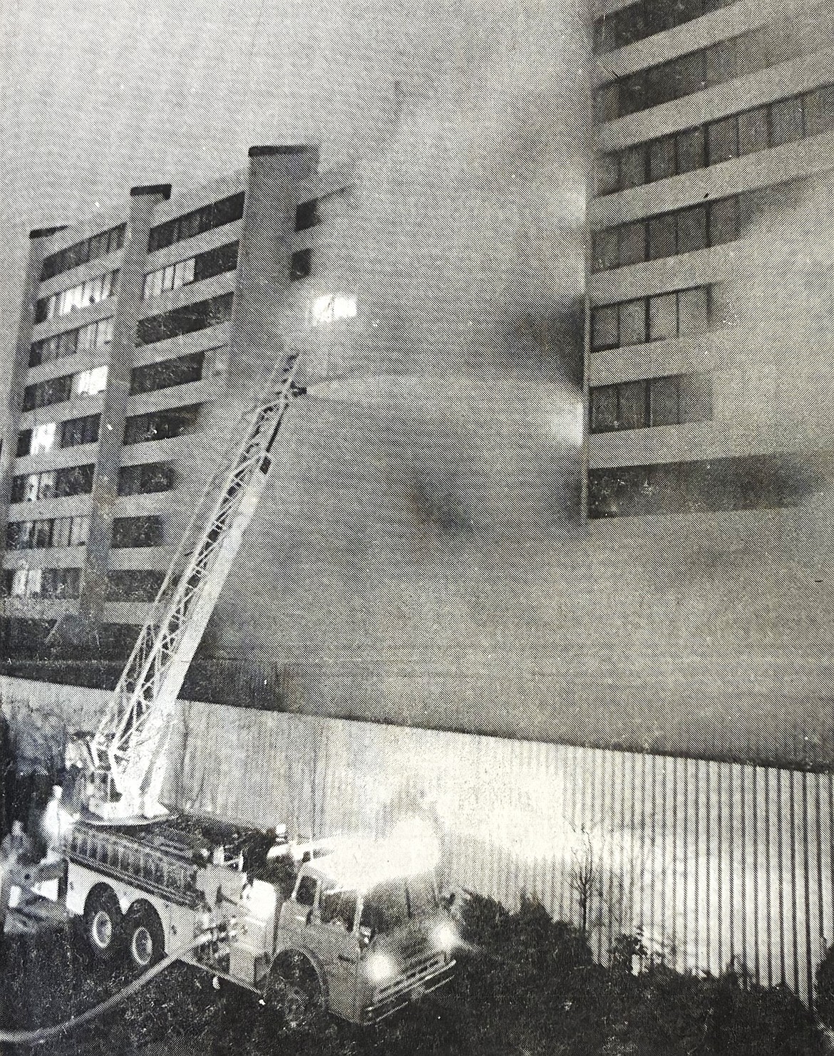 Quality safety features at Lake Tower in January 1981 enable firefighters to save apartments and residents.