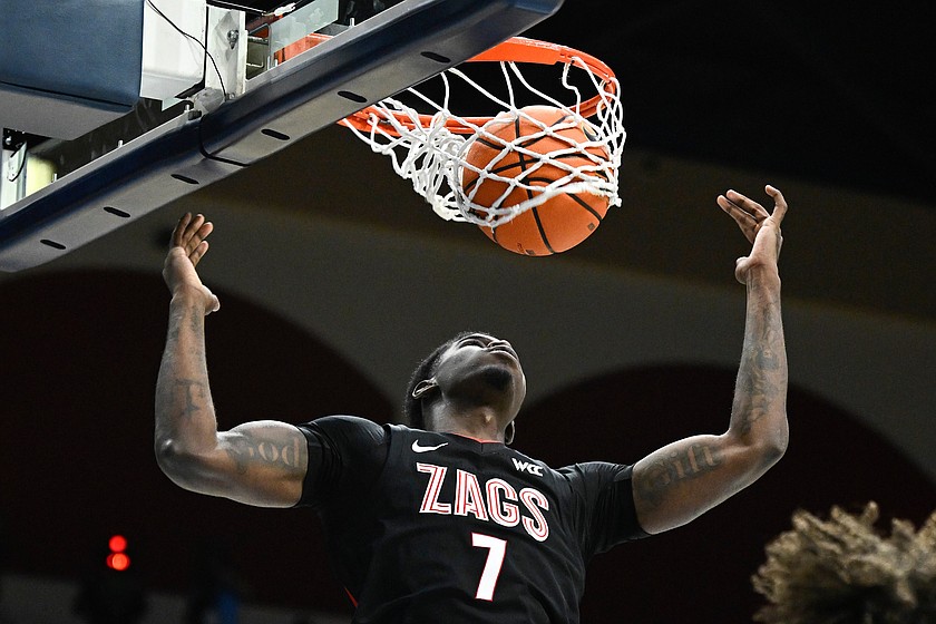 Gonzaga guard Tyon Grant-Foster (7) dunks during the second half of an NCAA college basketball game against San Diego Tuesday, Dec. 30, 2025, in San Diego.