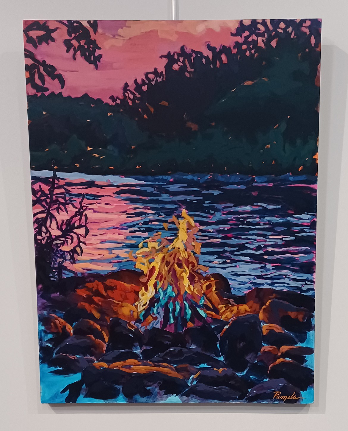 This Pamela Petry-McKinsey painting uses dark, bold hues to show a summer night in the woods.