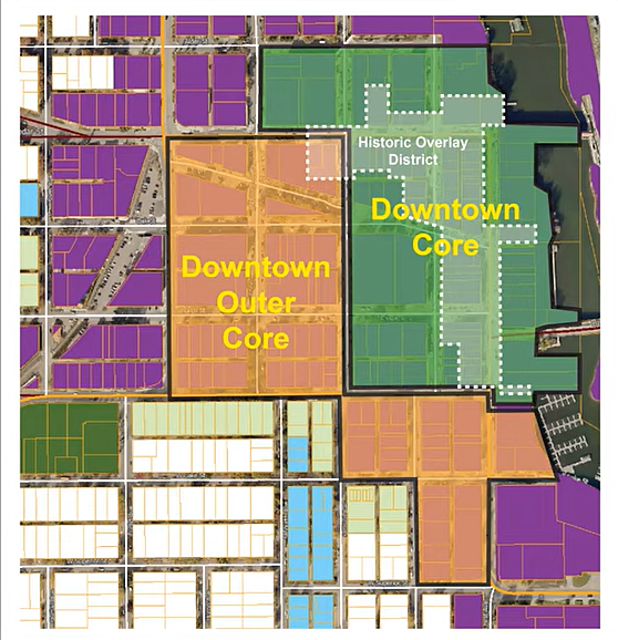 The two proposed downtown zoning districts presented by City Planner Bill Dean.