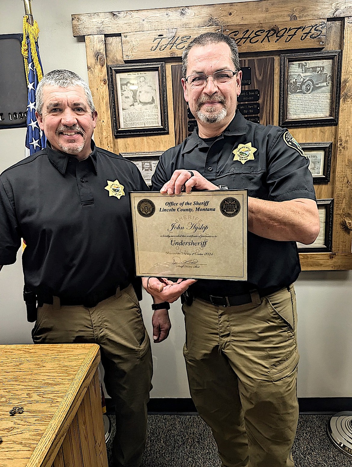 Lincoln County Undersheriff John Hyslop and Sheriff Darren Short celebrated Hyslop's promotion in November 2024. Hyslop died Thursday, Jan. 8, 2026. (Photo courtesy Lincoln County Sheriff's Office)