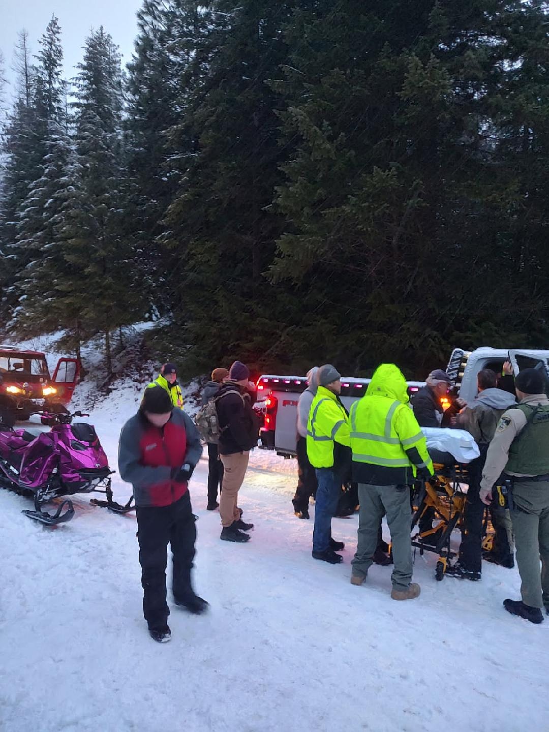 First responders on the scene of a snowmobile accident in the Hoodoo Pass area. (Courtesy photo)