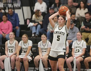The Royal Knights’ Maggie Frank (5) looks for an open teammate. The Knights defeated Naches Valley at home 49-22 on Jan. 6.