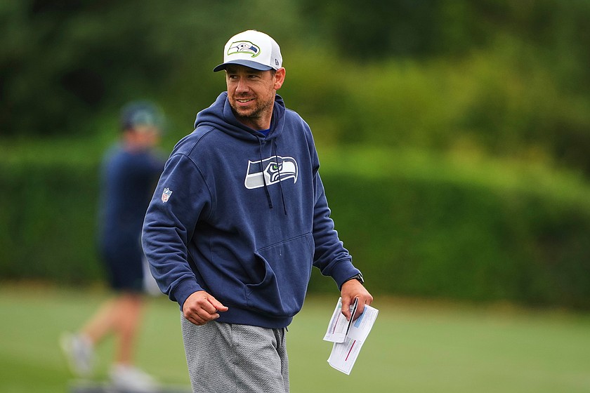 FILE - Seattle Seahawks offensive coordinator Klint Kubiak walks on the field during the NFL football team's training camp July 26, 2025, in Renton, Wash.
