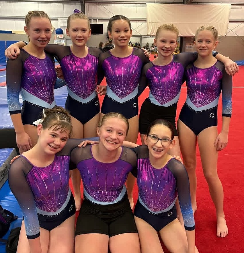 Courtesy photo 
GEMS Athletic Center Gold Team placed 1st and 2nd overall in two sessions at the 360 Winter Spirit gymnastics competition Jan. 9-11 in Clarkston. In the front row from left are Lily Fulton, Raelynn Hazen and Ellie Hill; and back row from left, Grace Squires, Jocelynn Howard, Kalea Pham, Jenna Tanner and Aspen Barker.