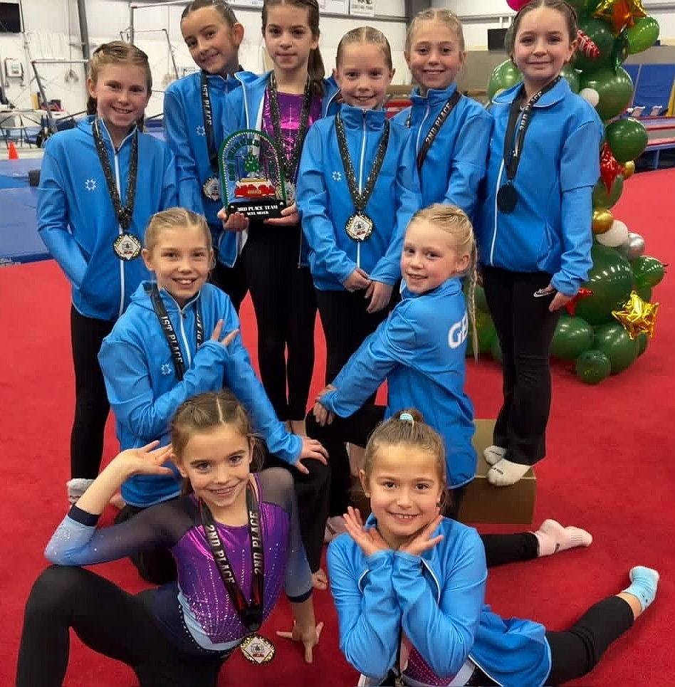 Courtesy photo 
GEMS Athletic Center Silver Team (in two sessions) placed 3rd overall at the 360 Winter Spirit gymnastics competition Jan. 9-11 in Clarkston. In the bottom row from left are Maren Rauscher and Olivia Reichenberg; second row from left, Olivia Butcher and Cora Ragan; and back row from left, Gwyneth Ragan, Rowyn Kloepfer, Alexis Boren, Cassidy Brown, Tenlee Harsch and Arianna Dockins.