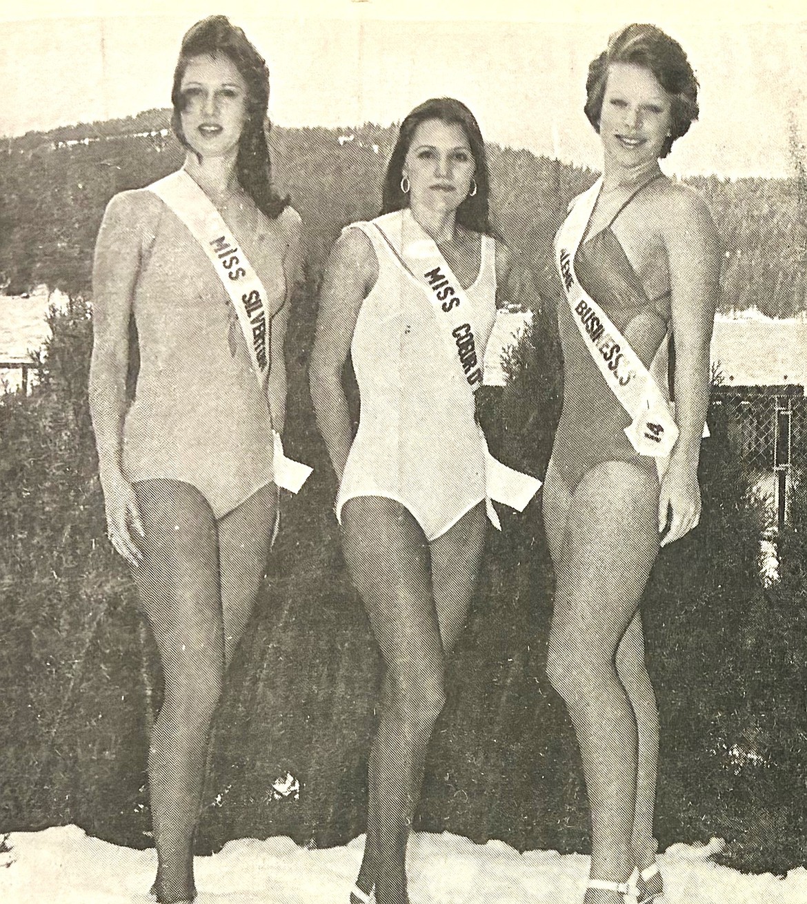 On a snowy day in January 1976, local Miss Idaho Universe Pageant contestants, from left, Cindy McKim, Susan Price and Rickie Jasper pose.