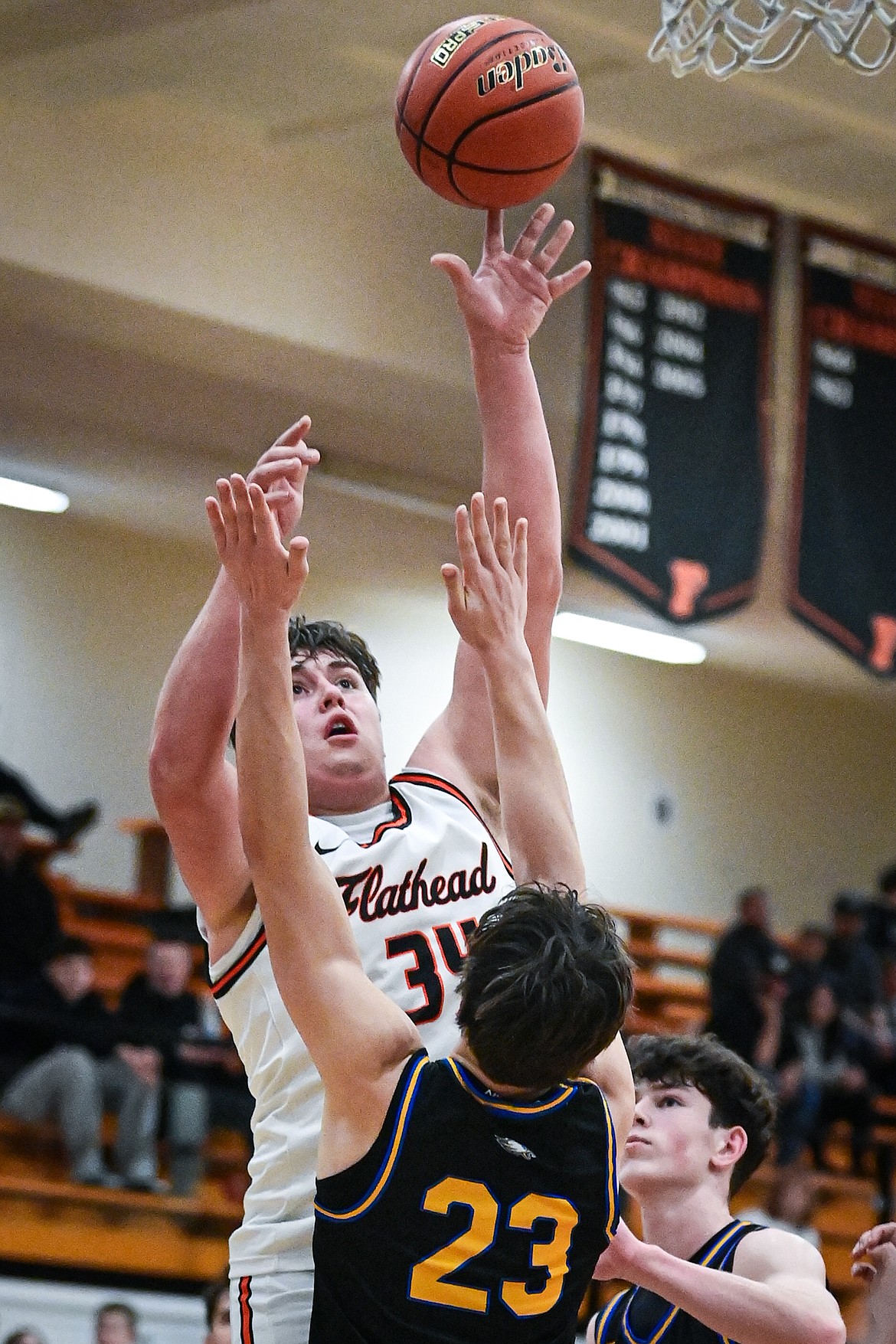 Flathead's Kyler Kossman (34) shoots in the second half against Missoula Big Sky at Flathead High School on Thursday, Jan. 15. (Casey Kreider/Daily Inter Lake)