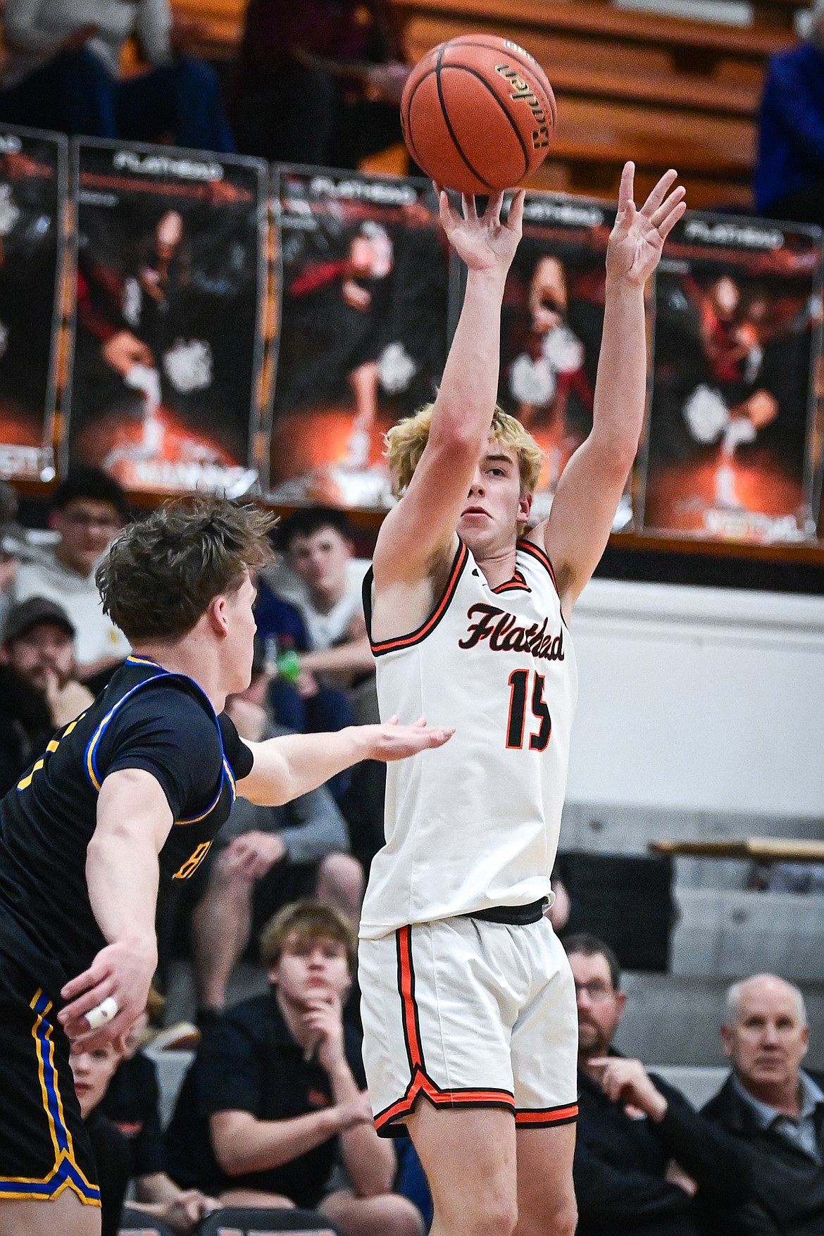 Flathead's Hunter Fann (15) shoots in the second half against Missoula Big Sky at Flathead High School on Thursday, Jan. 15. (Casey Kreider/Daily Inter Lake)