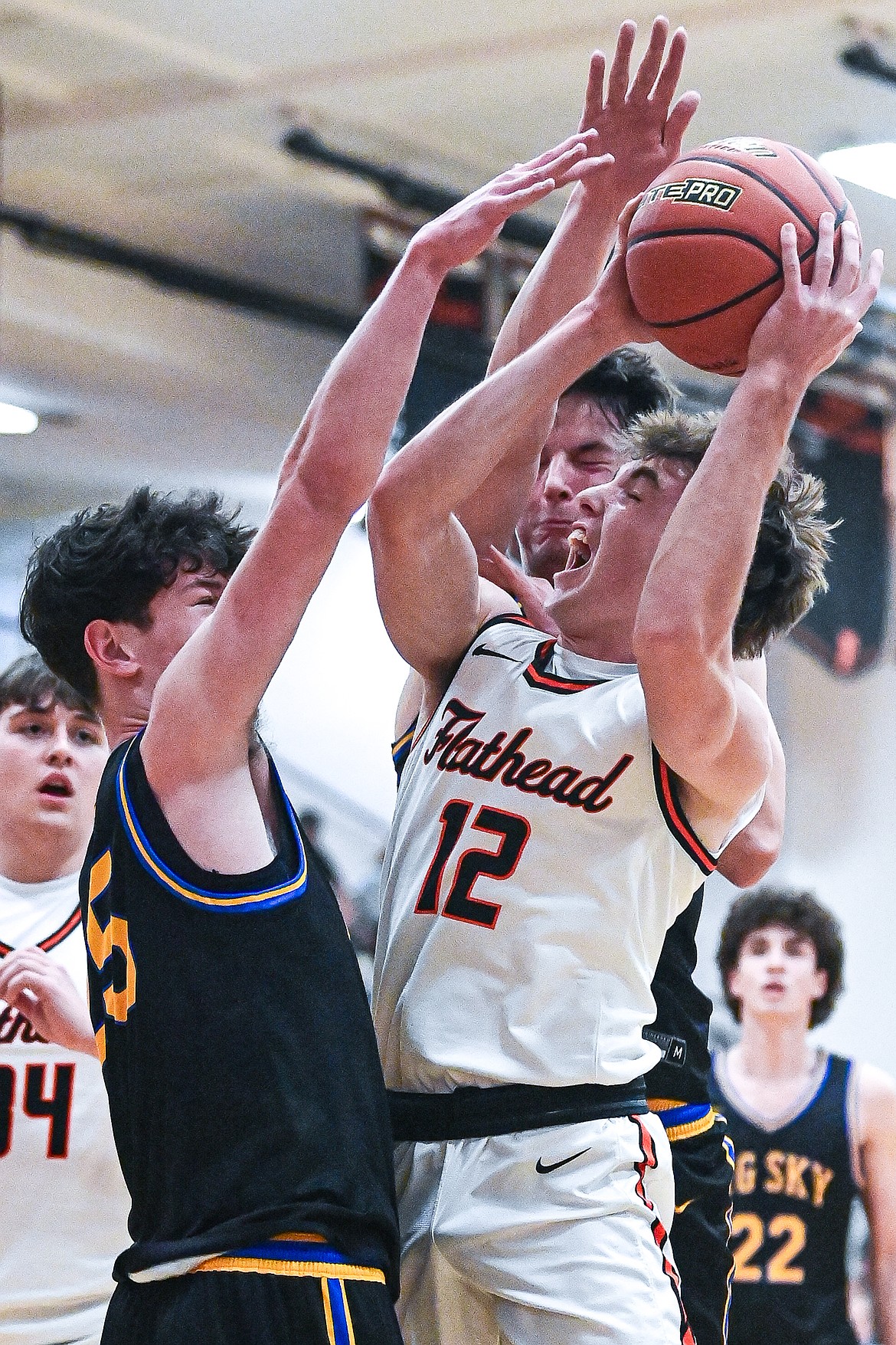 Flathead's Lance Schneller (12) looks to shoot in the first half against Missoula Big Sky at Flathead High School on Thursday, Jan. 15. (Casey Kreider/Daily Inter Lake)
