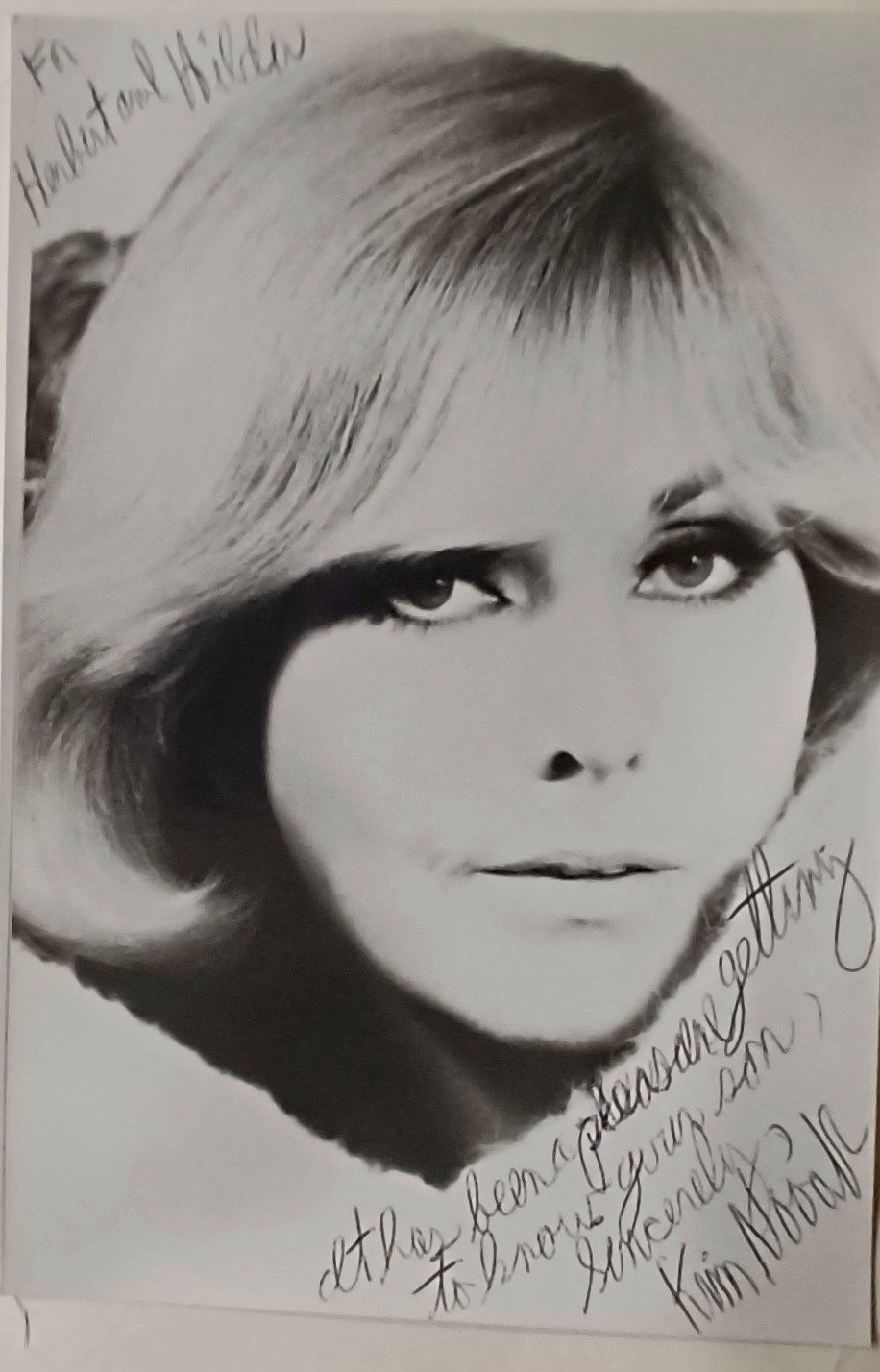 A message and signature from actress Kim Novak to Richard Black’s parents that she signed after the two worked together on a public service announcement. Richard said Novak knew his parents loved her movies and made sure he had this sent to them in Germany. The message on the photograph reads: “It has been a pleasure getting to know your son. Sincerely, Kim Novak.”