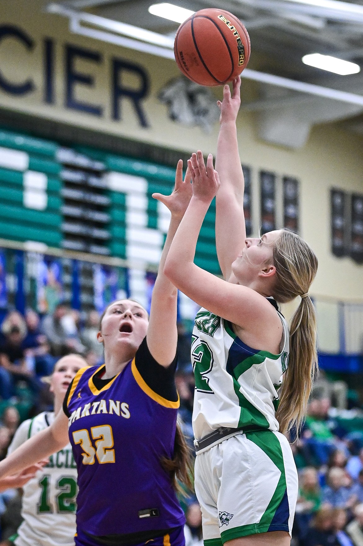 Glacier's Miley Fritz (42) drives to the basket in the first half against Missoula Sentinel at Glacier High School on Friday, Jan. 16. (Casey Kreider/Daily Inter Lake)