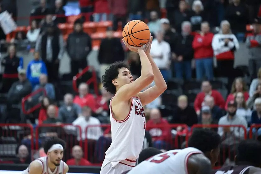 The Eagles’ Alton Hamilton IV (4) shoots a free throw. The Eagles defeated Idaho State on 84-66 on the road Saturday.