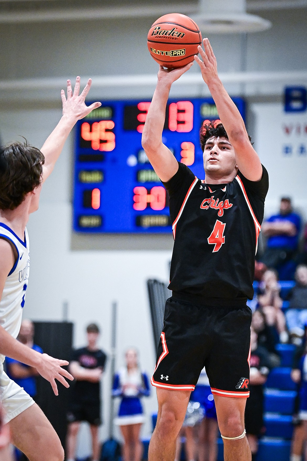 Ronan's Kolby Finley (4) shoots in the second half against Bigfork at Bigfork High School on Tuesday, Jan. 20. (Casey Kreider/Daily Inter Lake)