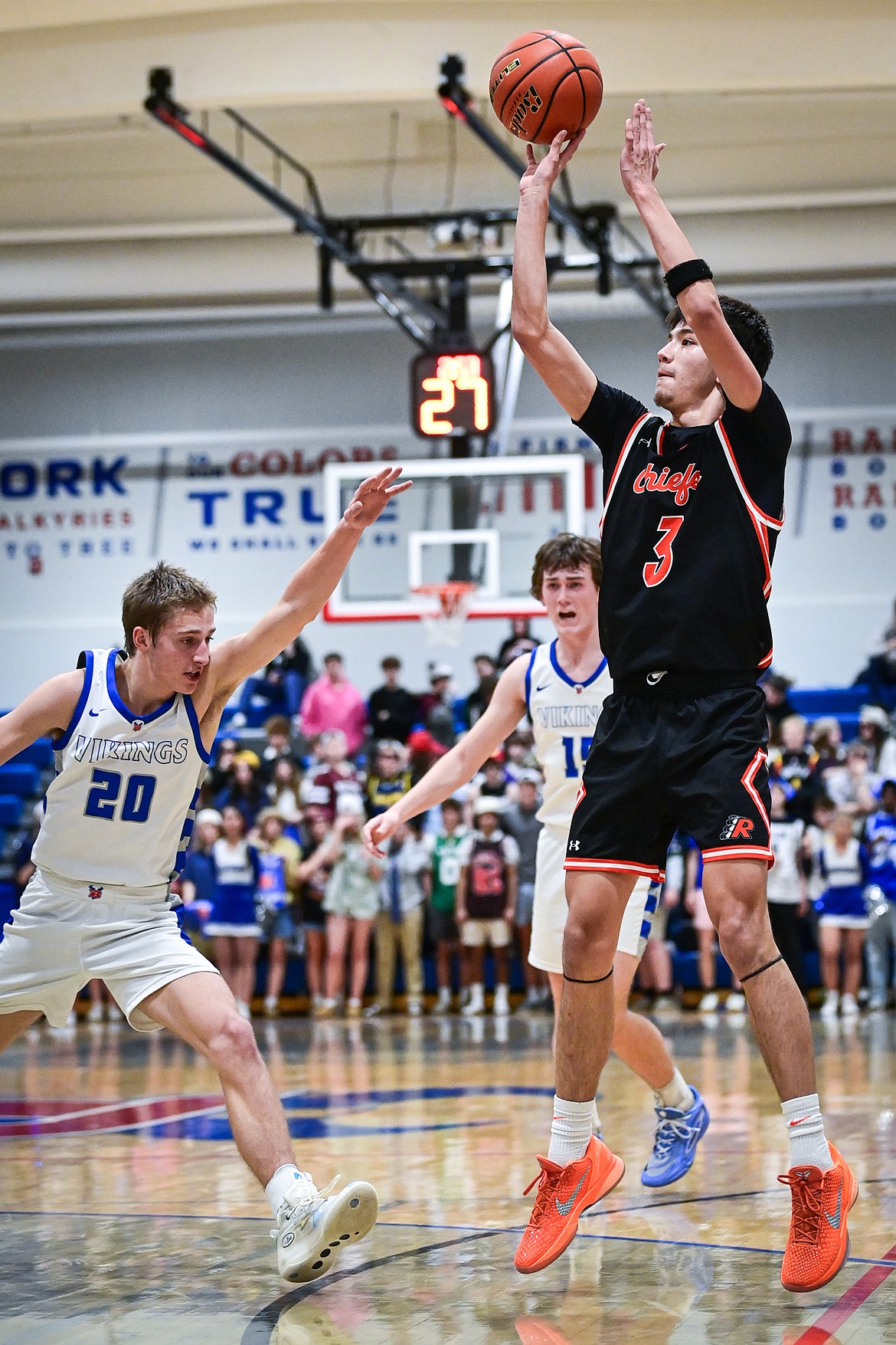 Ronan's Jhett McDonald (3) knocks down a jumper in the second half against Bigfork at Bigfork High School on Tuesday, Jan. 20. (Casey Kreider/Daily Inter Lake)