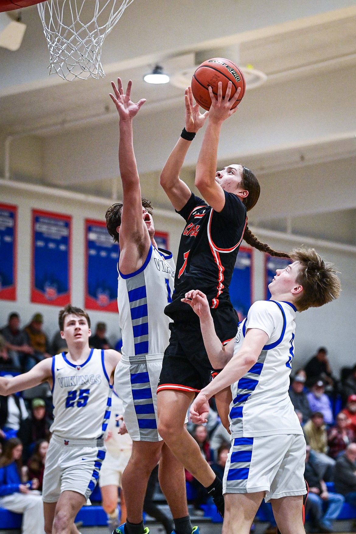 Ronan's Matiya Nenemay (1) drives to the basket in the second half against Bigfork at Bigfork High School on Tuesday, Jan. 20. (Casey Kreider/Daily Inter Lake)