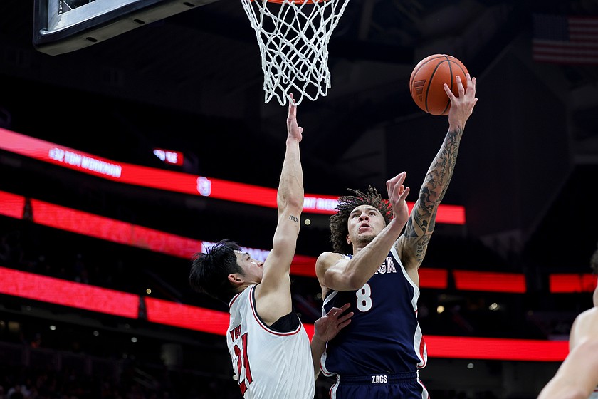 Gonzaga guard Jalen Warley (8) shoots against Seattle University forward Junseok Yeo during the second half of an NCAA college basketball game Jan. 17 in Seattle.