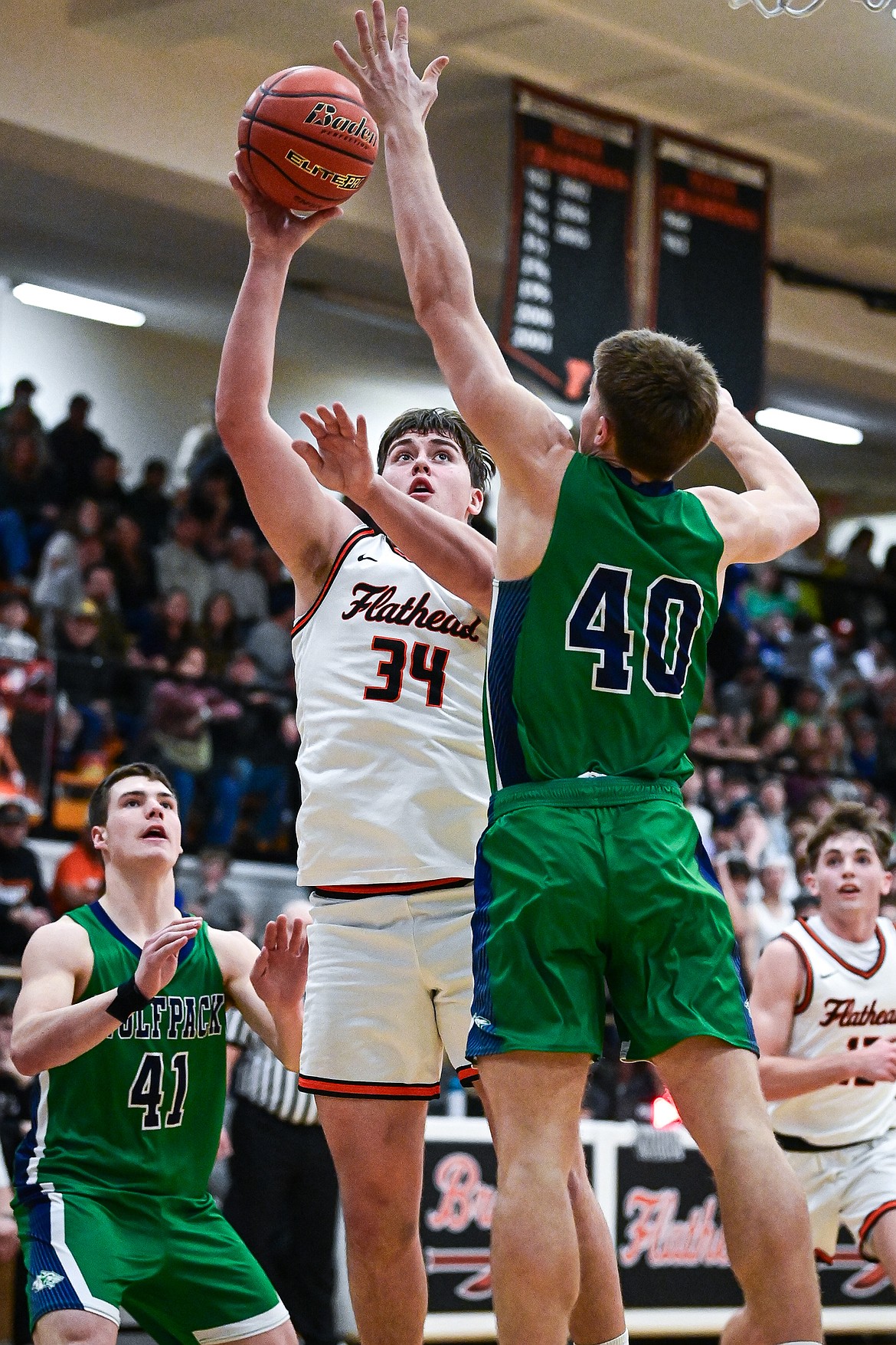 Flathead's Kyler Kossman (34) shoots in the second half against Glacier at Flathead High School on Friday, Jan. 23. (Casey Kreider/Daily Inter Lake)