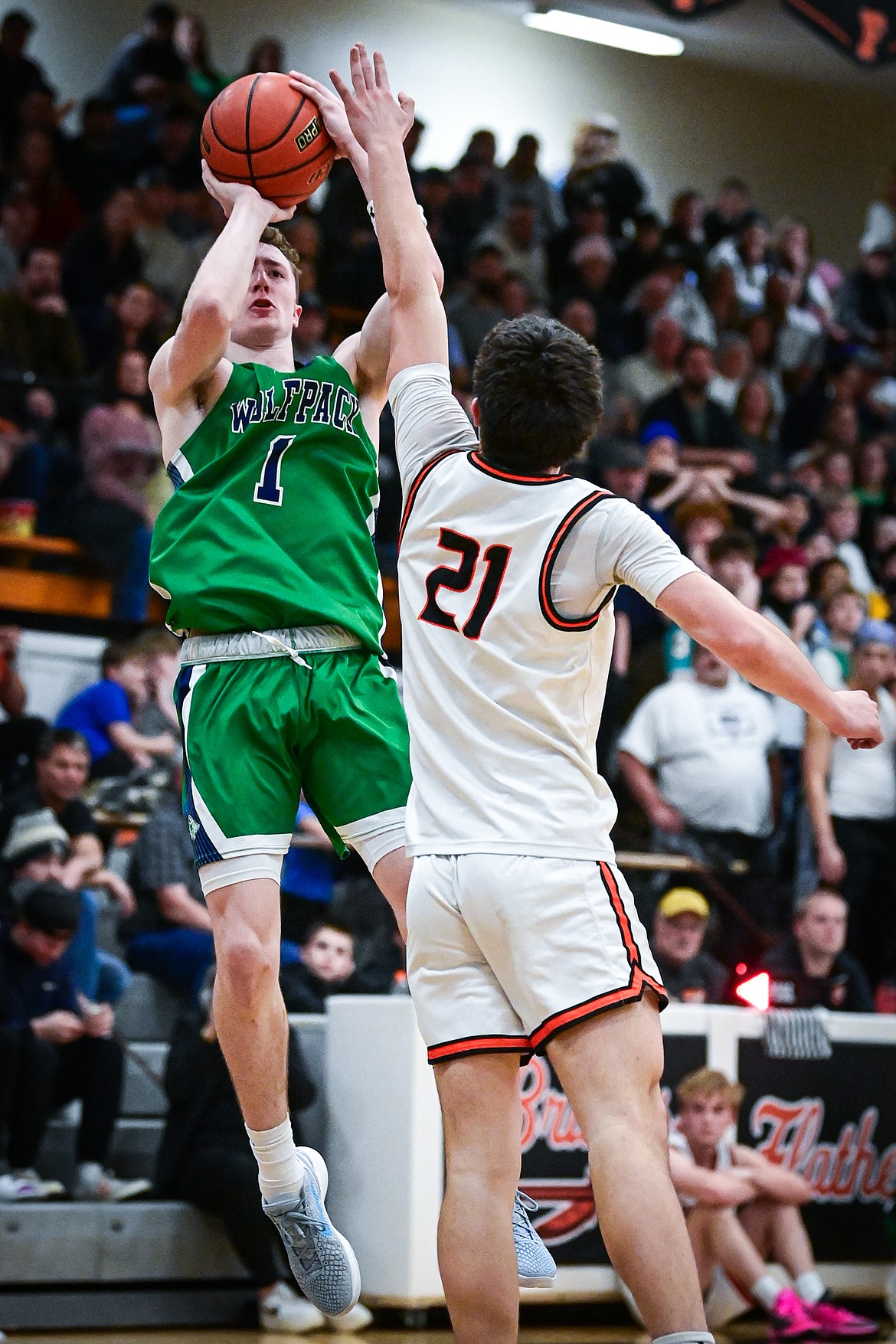 Glacier's Cooper Pelc (1) shoots a jumper in the first half against Flathead at Flathead High School on Friday, Jan. 23. (Casey Kreider/Daily Inter Lake)