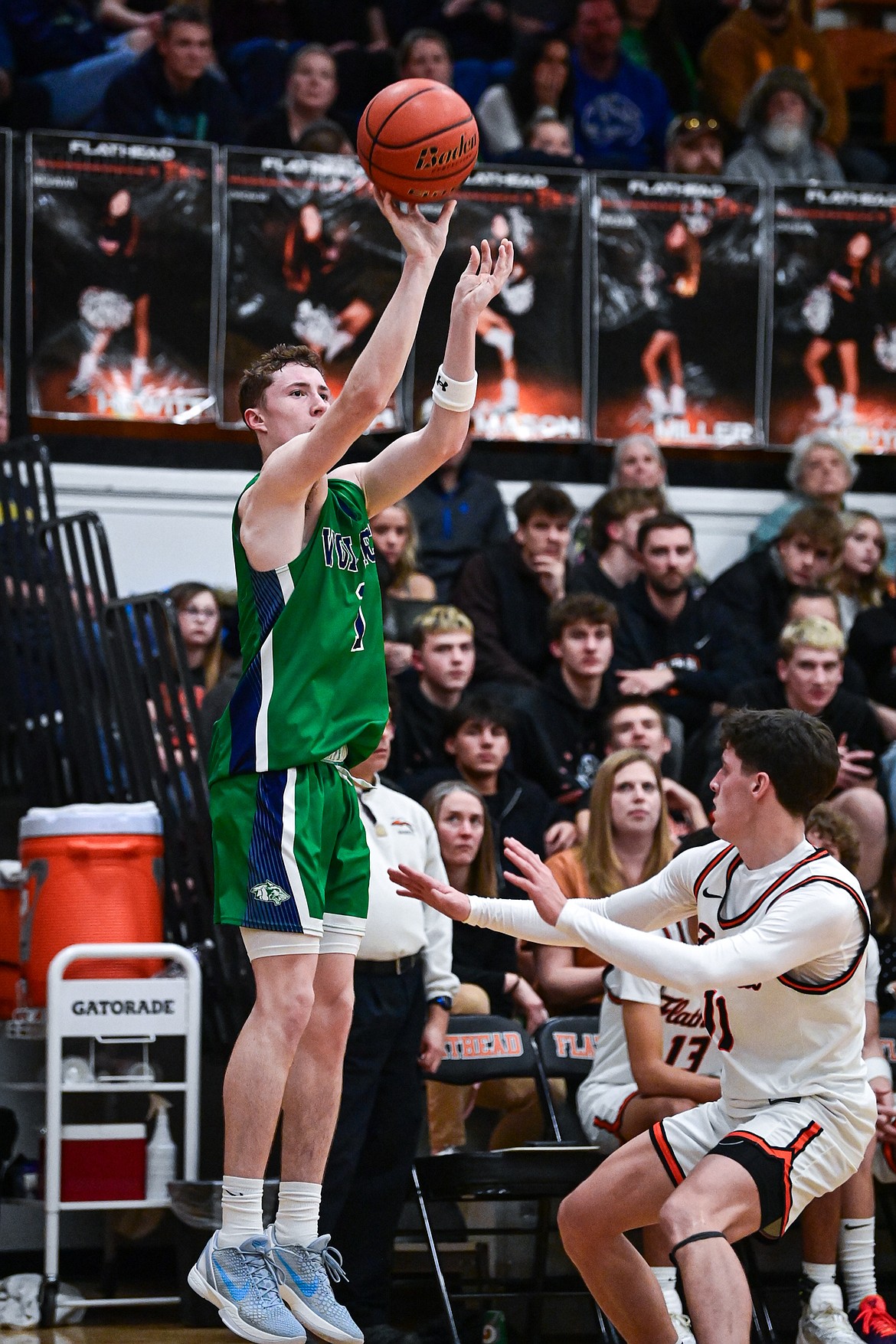 Glacier's Cooper Pelc (1) shoots in the first half against Flathead at Flathead High School on Friday, Jan. 23. (Casey Kreider/Daily Inter Lake)