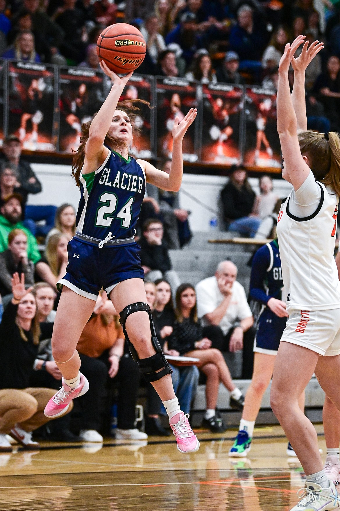 Glacier's Cassidy Daniels (24) shoots a jumper in the first half against Flathead at Flathead High School on Friday, Jan. 23. (Casey Kreider/Daily Inter Lake)
