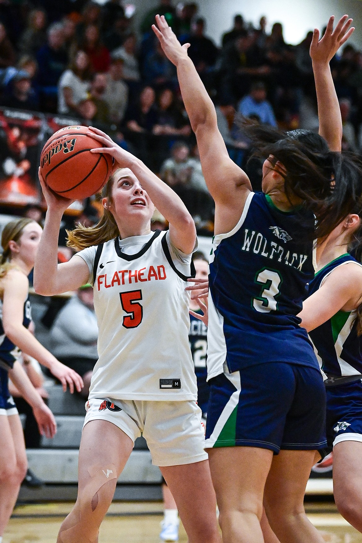 Flathead's Teagan Flint (5) looks for a shot in the second half against Glacier at Flathead High School on Friday, Jan. 23. (Casey Kreider/Daily Inter Lake)
