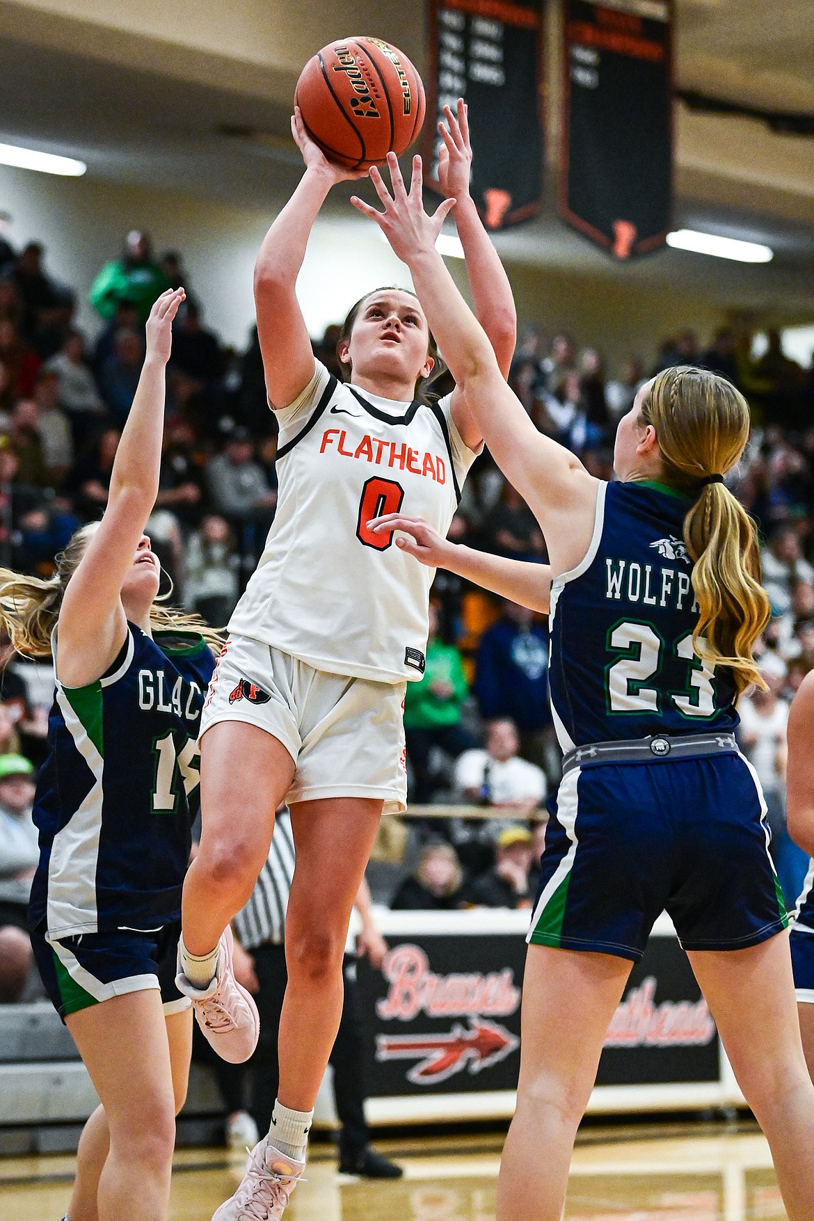 Flathead's Reese Rosenberg (0) drives to the basket in the second half against Glacier at Flathead High School on Friday, Jan. 23. (Casey Kreider/Daily Inter Lake)
