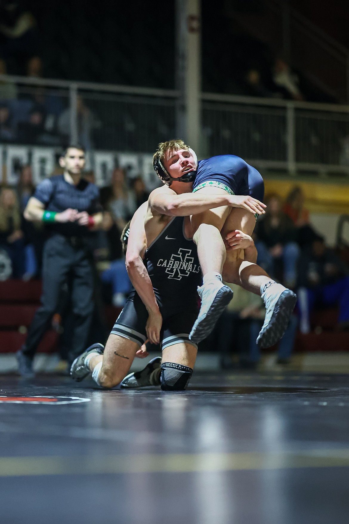 KYLE DISHAW PHOTOGRAPHY
North Idaho College redshirt freshman Dylan Block attempts to put Michael Kanzler on the mat during their match at 174 pounds in a dual between the schools at Christianson Gymnasium on Saturday.