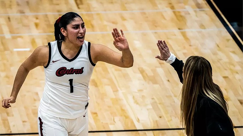 Annalee Coronado from the Wildcats gives a high five to one of her coaches on the sideline during a home victory over Western Oregon. CWU remains home this weekend to face Alaska Anchorage and Alaska Fairbanks.