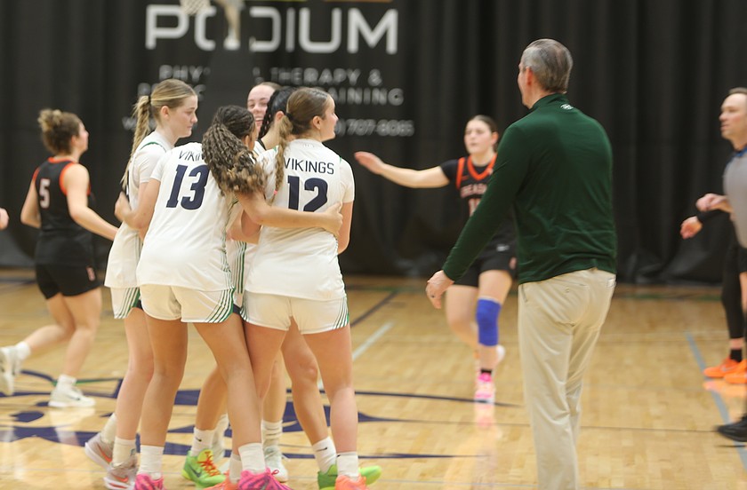The Lady Vikings celebrate on the court after defeating Treasure Valley Community College earlier this season. Big Bend’s women’s basketball team is having a successful season with a chance to make a run in the postseason.