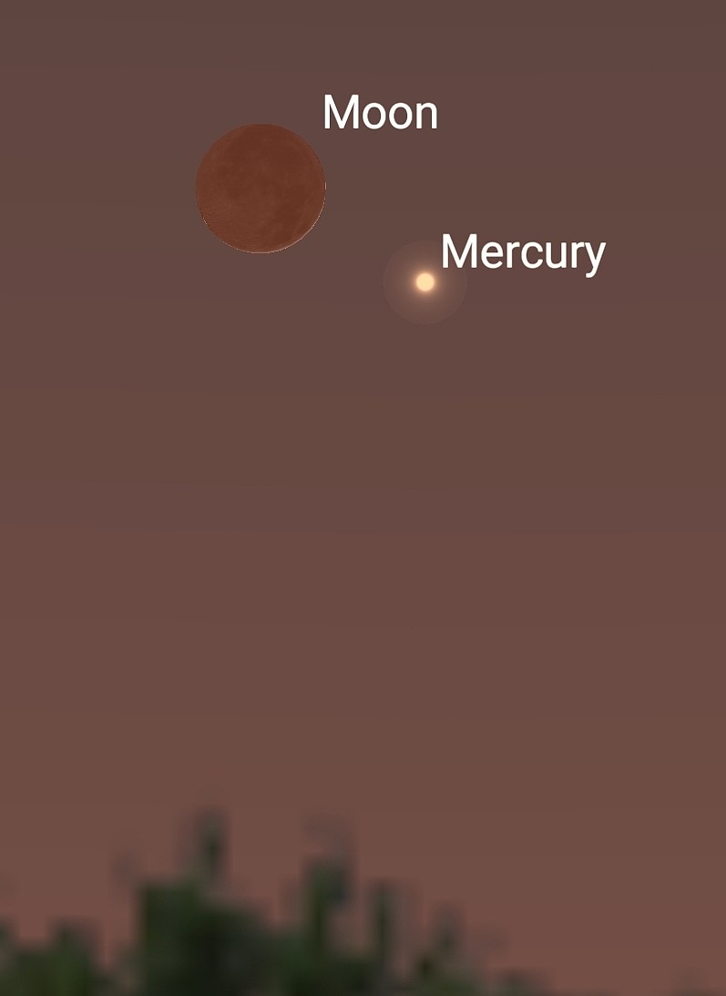 This image shows a very young Moon (crescent barely visible) and Mercury our most fleeting planet very low on the western horizon. Image courtesy of John Taylor and Sky Safari Pro 7.