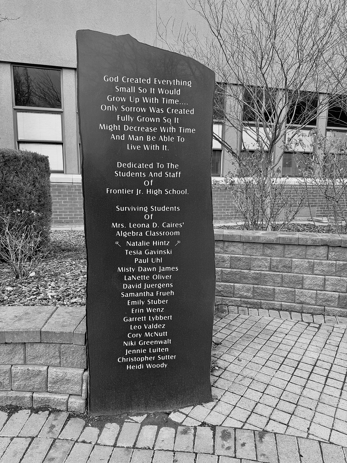 Behind Frontier Middle School, sits a memorial honoring the algebra students in the classroom on the day of the incident and the staff who showed support in the years following.