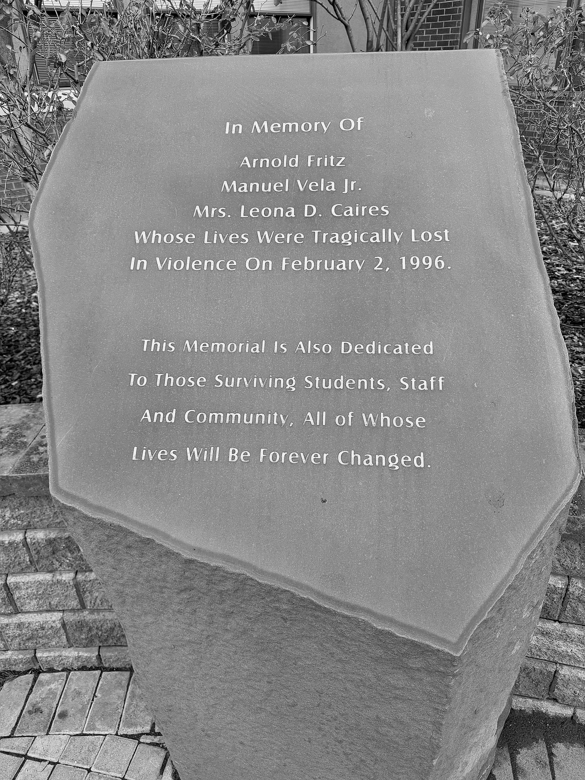 On Feb. 2, 1996, three lives were lost to violence in Moses Lake. This pedestal is part of a three-piece memorial sitting outside Frontier Middle School to honor them.