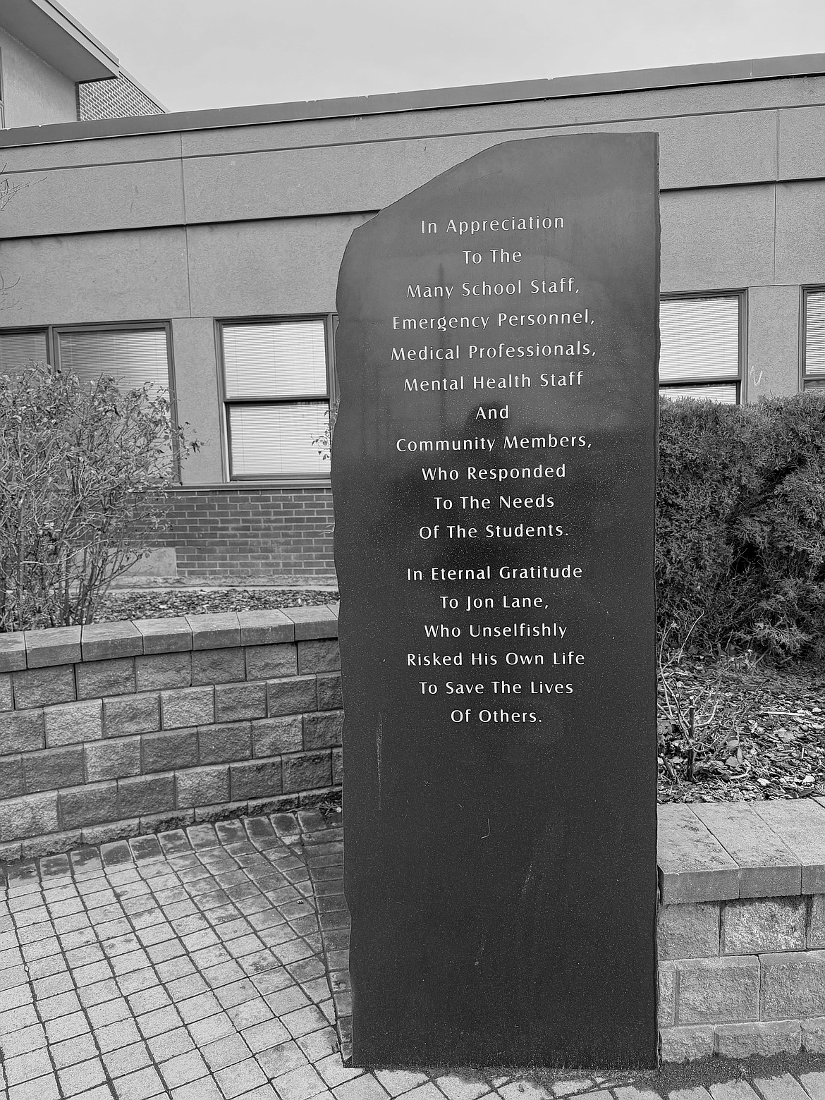 The third piece of the Frontier Middle School memorial thanking the school staff, emergency personnel, medical professionals, mental health staff and the community for caring for students. The memorial also acknowledges Jon Lane, the teacher who intervened that day.