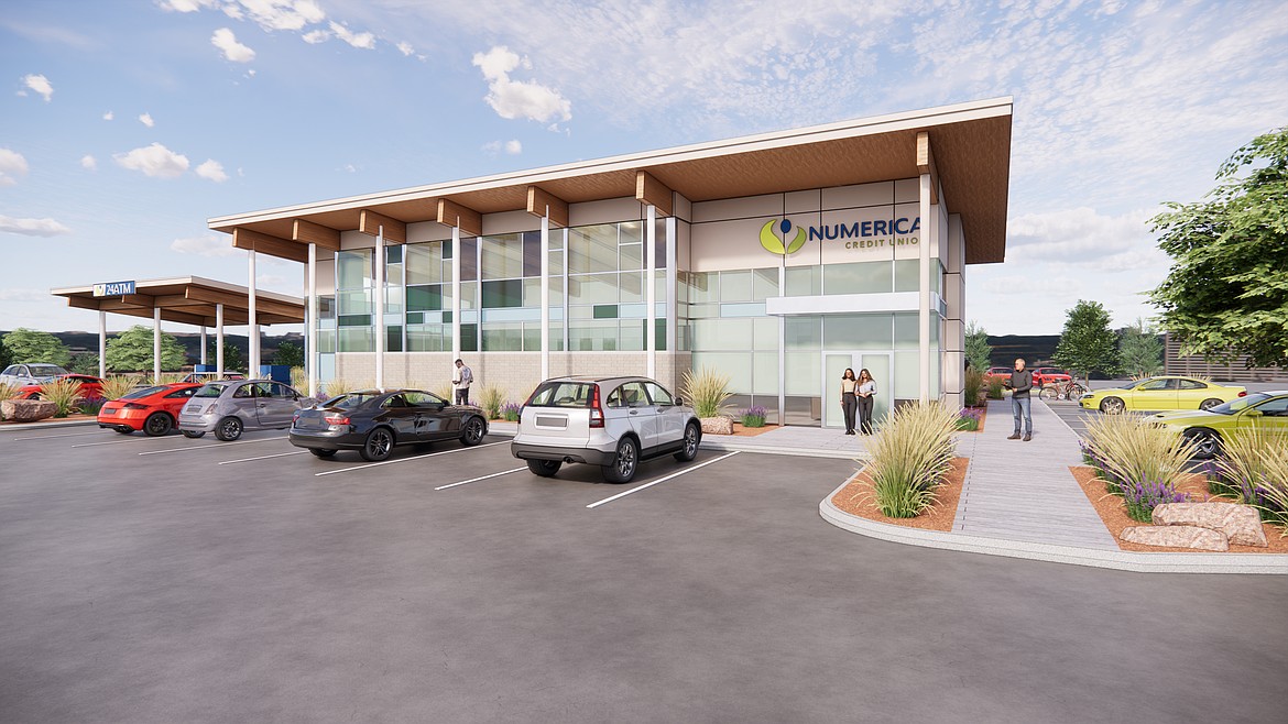 An architect’s rendering of the building planned for Numerica Credit Union’s Moses Lake branch, expected to open in September.