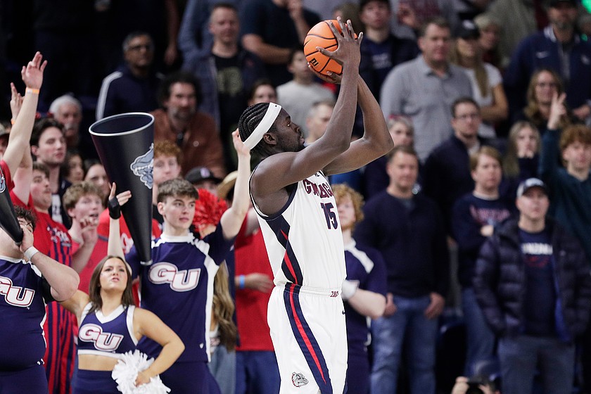 Gonzaga forward Graham Ike shoots during the second half of an NCAA college basketball game against Saint Mary's, Saturday, Jan. 31, 2026, in Spokane, Wash.
