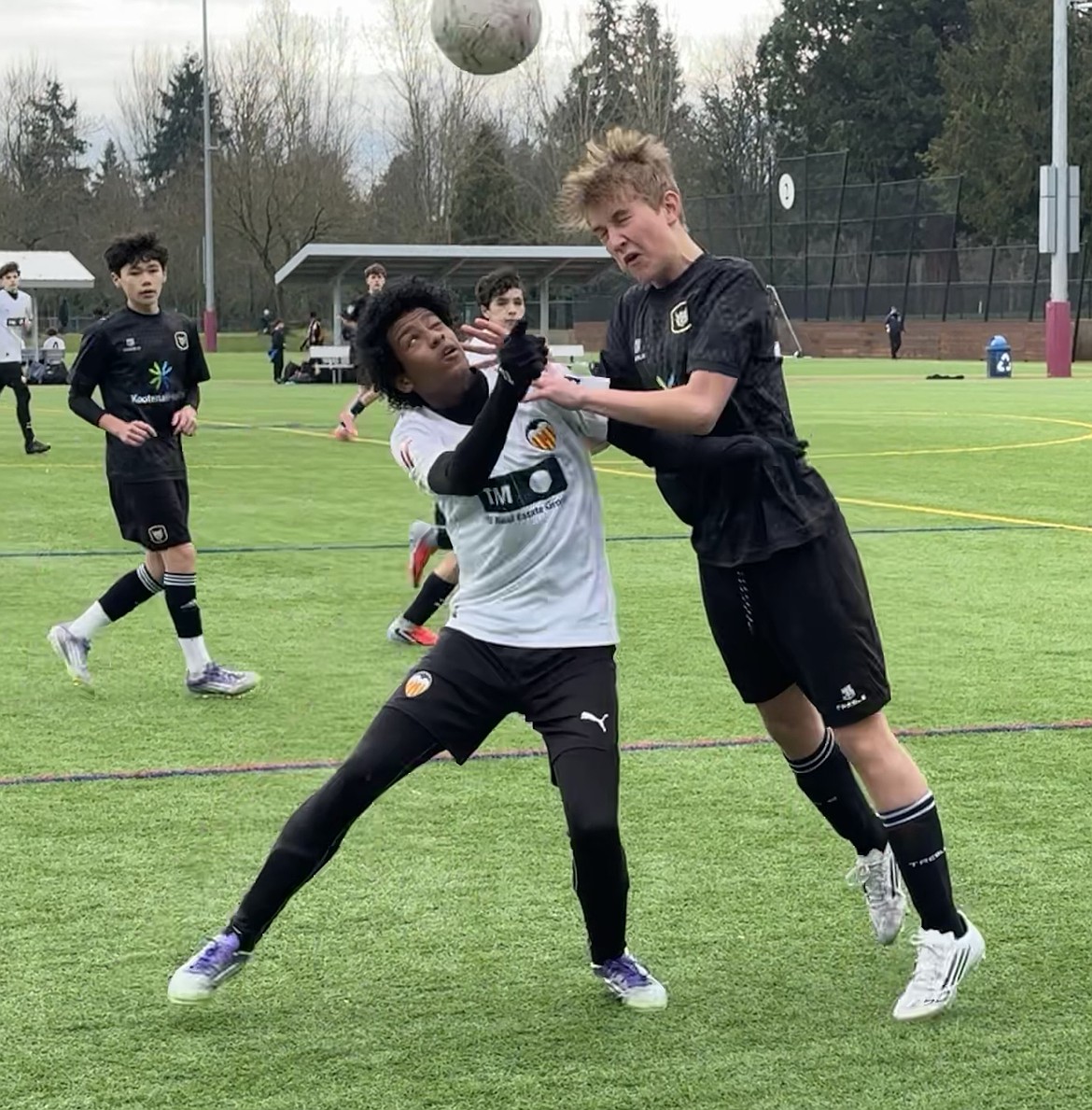 Courtesy photo
The Sting 2011 Boys Academy soccer team traveled to Seattle for an EA league game, and beat Valencia CF Academy 3-2 on Saturday. Pictured is Kellan Alexander (in black for Sting) battling for the ball.