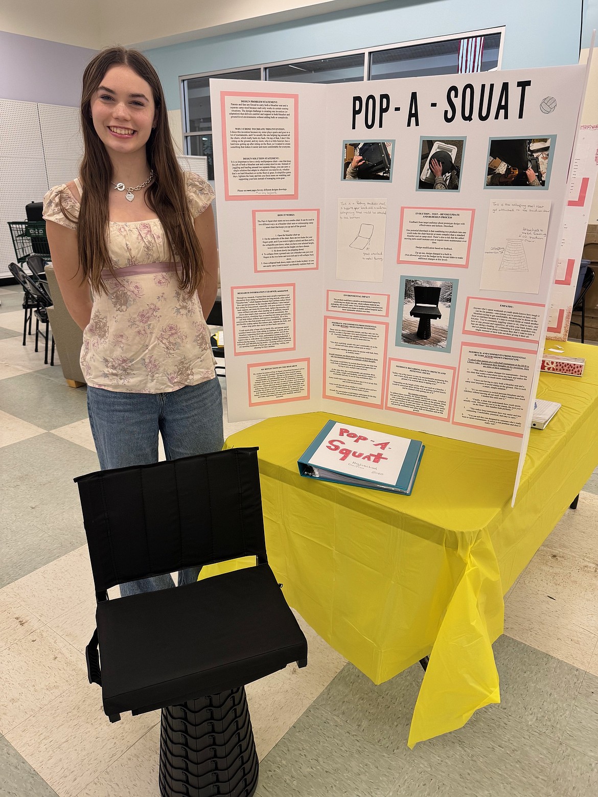 Julianna Schwam, grade nine, Christian Center School, with her "Pop-A-Squat" invention during this year's North Idaho Regional Invent Idaho, held Jan. 30-Feb. 1 at the Silver Lake Mall.