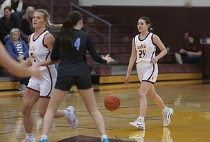 The Mavericks’ Ella Wiltbank (24) brings the ball across halfcourt against Eastmont Friday. Moses Lake suffered a loss at home to the Wildcats.