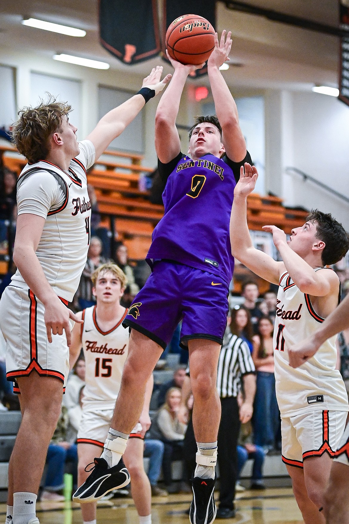 Missoula Sentinel's Gavin O'Reilly (0) shoots a jumper in the second half against Flathead at Flathead High School on Tuesday, Feb. 10. (Casey Kreider/Daily Inter Lake)