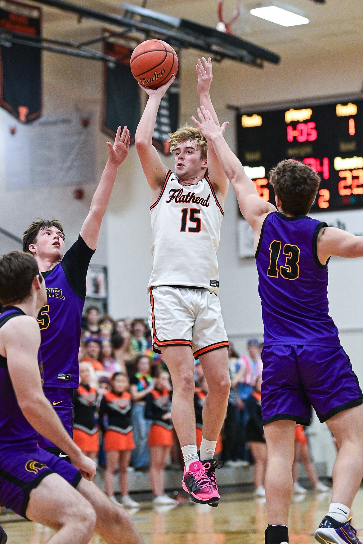 Flathead's Hunter Fann (15) knocks down a jumper in the first half against Missoula Sentinel at Flathead High School on Tuesday, Feb. 10. (Casey Kreider/Daily Inter Lake)