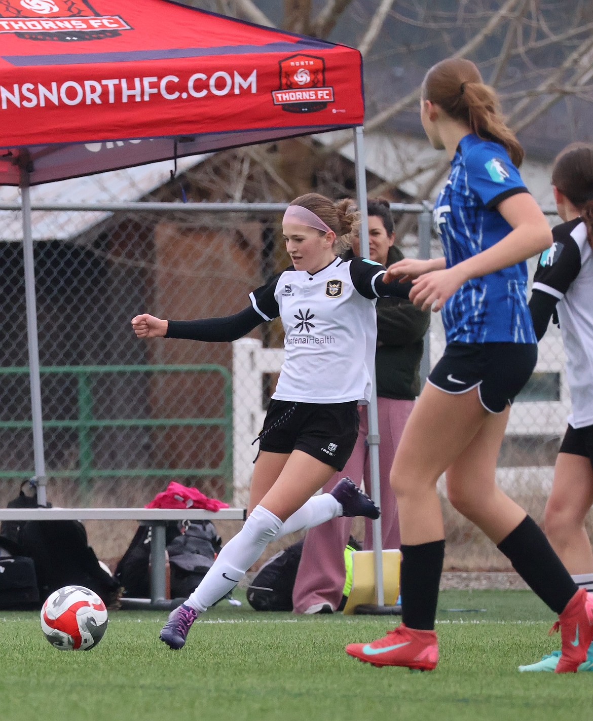 Photo by KAYLEAN MAY
The Sting SC 2013 Girls Academy soccer team continued its Girls Academy Aspire league play over the weekend, with a 15-0 victory at The Fields at Real Life in Post Falls against Washington East Surf 2013G Aspire. Goals for the Sting were scored by Addison Salas, Kaylee Evans, Hayden Hays, Nevie Sousley, Nora Schock, and Kyal Carlson. Pictured from left for the Sting are Presley Hart and Emma Storlie.