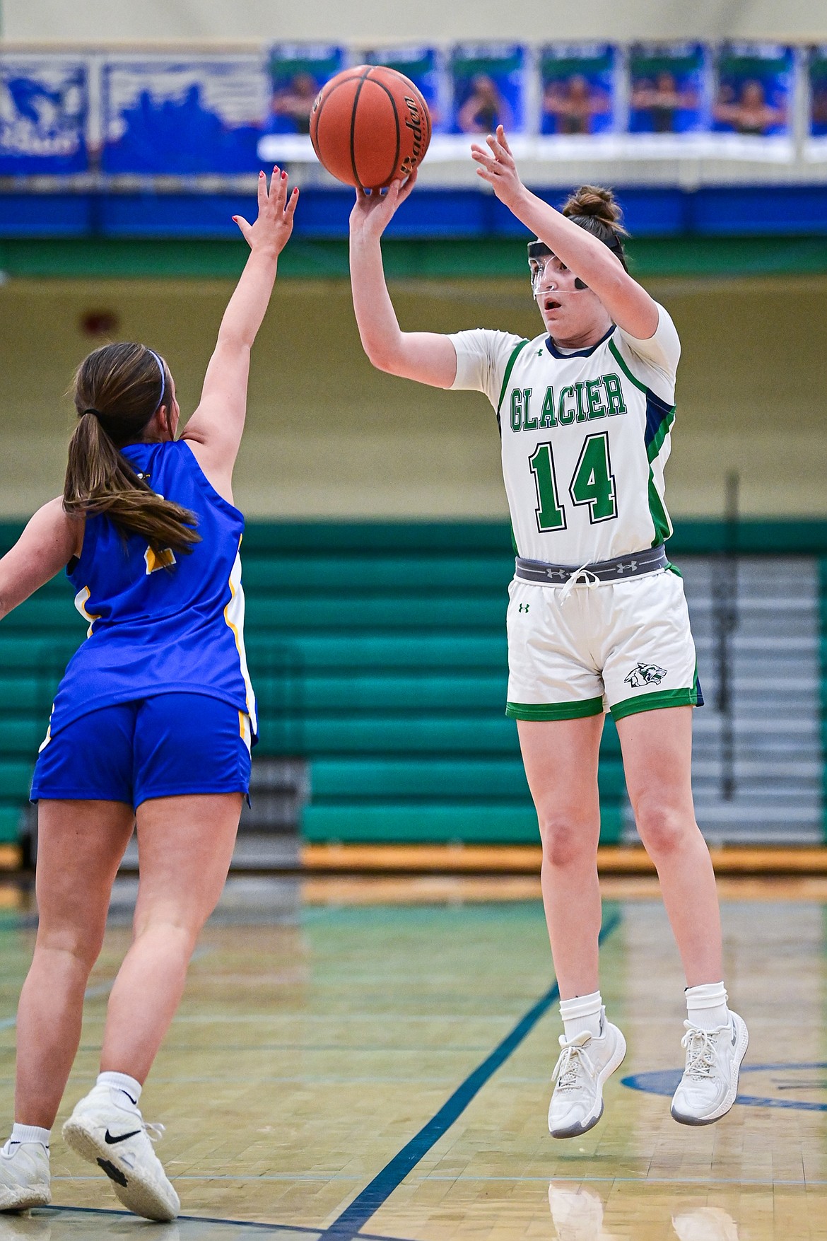 Glacier's Karley Allen (14) shoots in the first quarter against Missoula Big Sky at Glacier High School on Saturday, Feb. 14. (Casey Kreider/Daily Inter Lake)