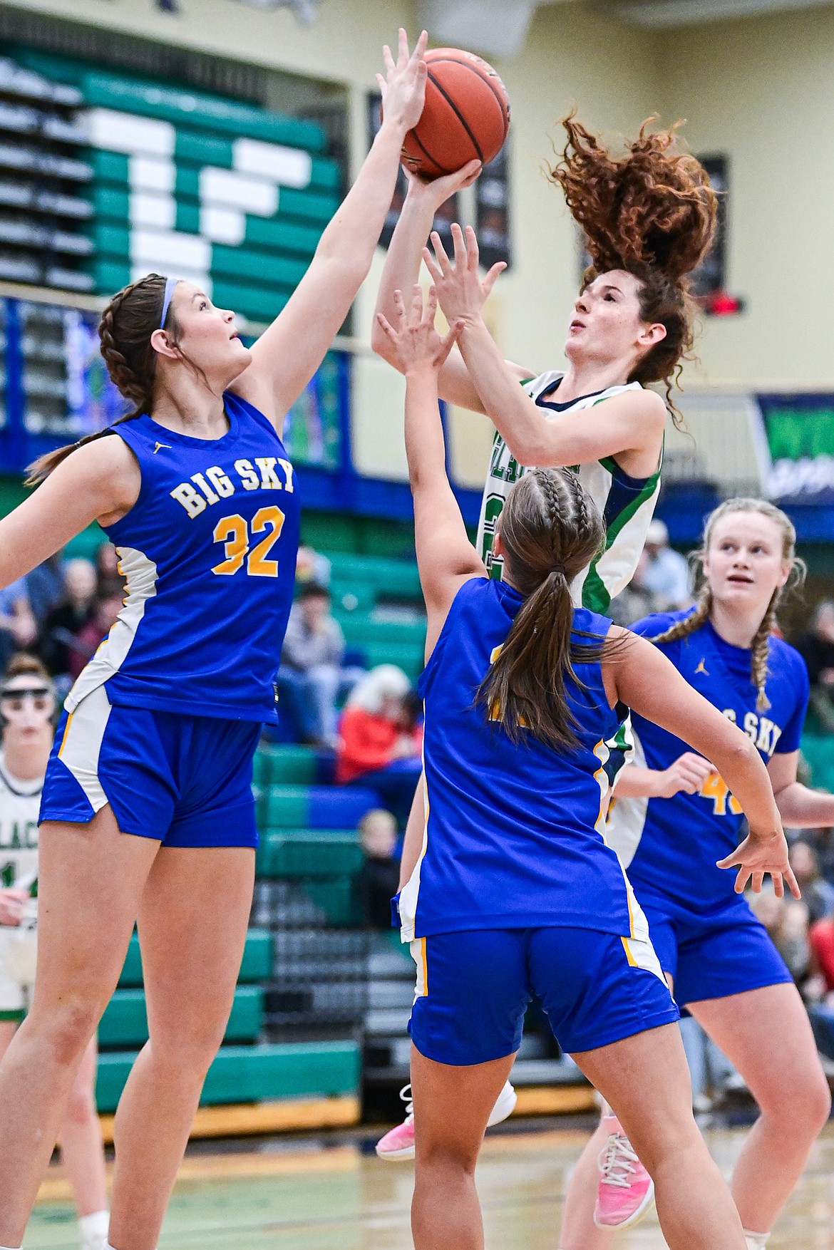 Glacier's Cassidy Daniels (24) drives into the lane for a shot in the first half against Missoula Big Sky at Glacier High School on Saturday, Feb. 14. (Casey Kreider/Daily Inter Lake)