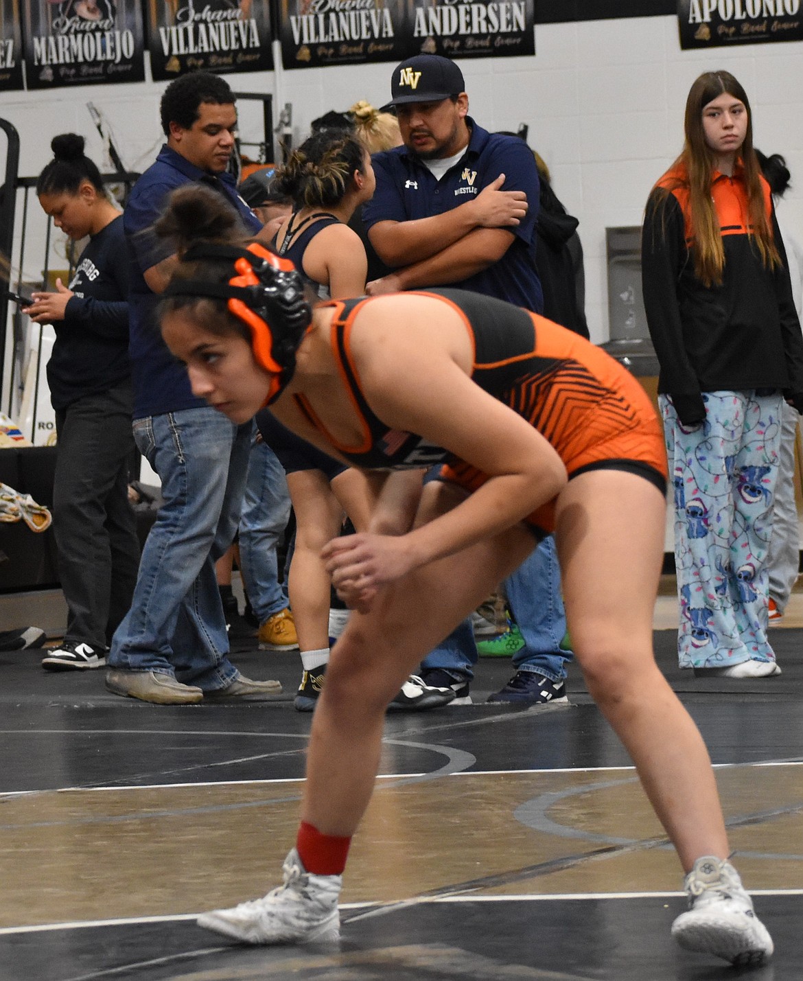 Natalin Abundiz, a senior from the Tigers, eyes her opponent during a previous tournament this season. The senior qualified for the 115-lb bracket for state after finishing fifth in districts.