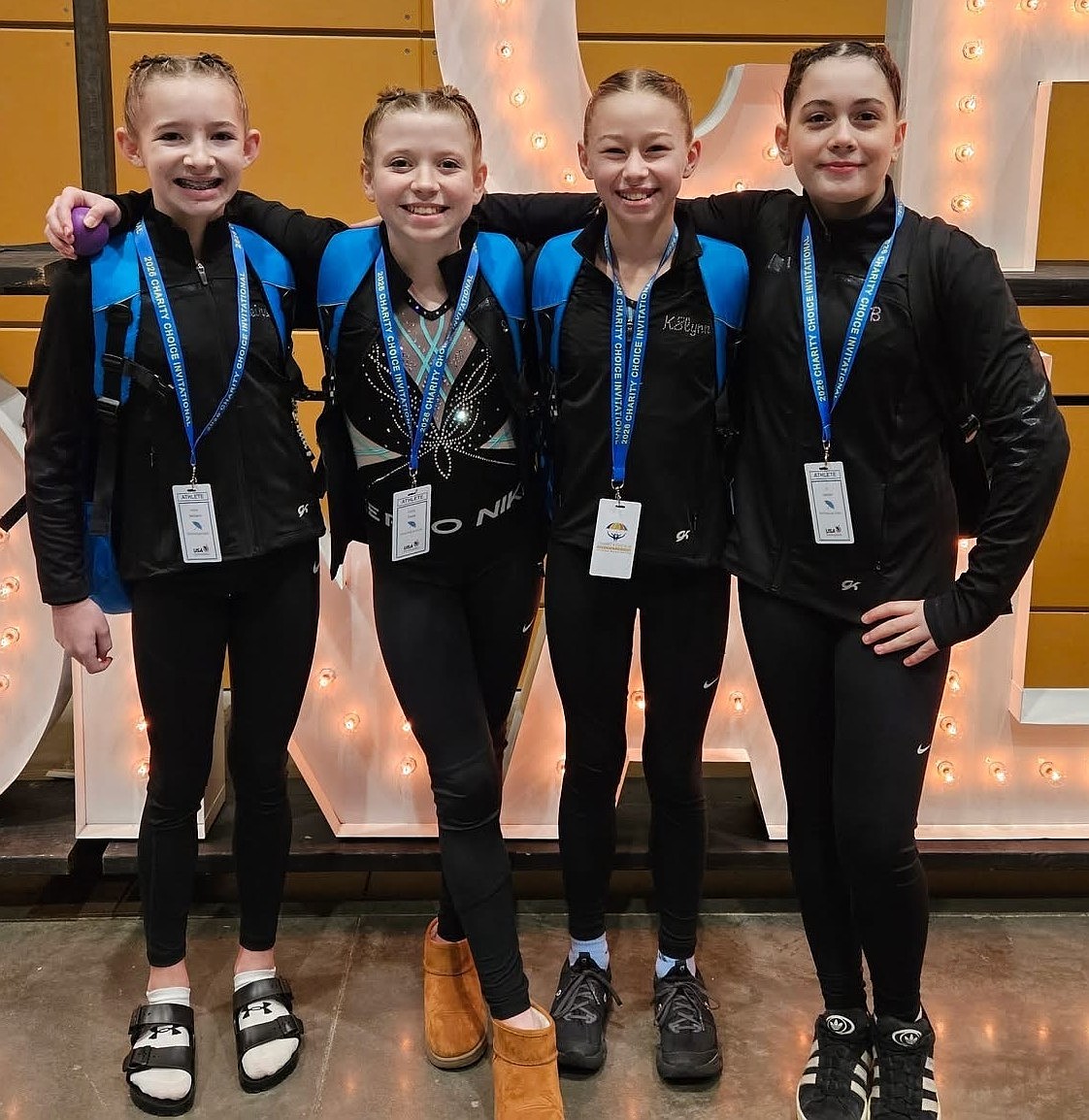 Courtesy photo
Level 6s from Technique Gymnastics traveled to The Charity Choice Invitational in Tacoma, Wash., this past weekend. From left, Keira Williams was 8th on Beam 8.8; Stella Casey had a high score of 8.75 on vault, beam, and floor; Katelynn Montandon had a high score on floor 8.7; B Lorion was 2nd on Beam 9.45, and 8th all-around 36.025.