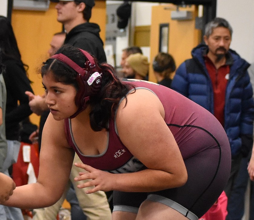 Dyani Hernandez from the Wahluke Warriors readies herself to face her opponent during a Royal tournament earlier this season. Hernandez is entering the state tournament as the 13th seed.