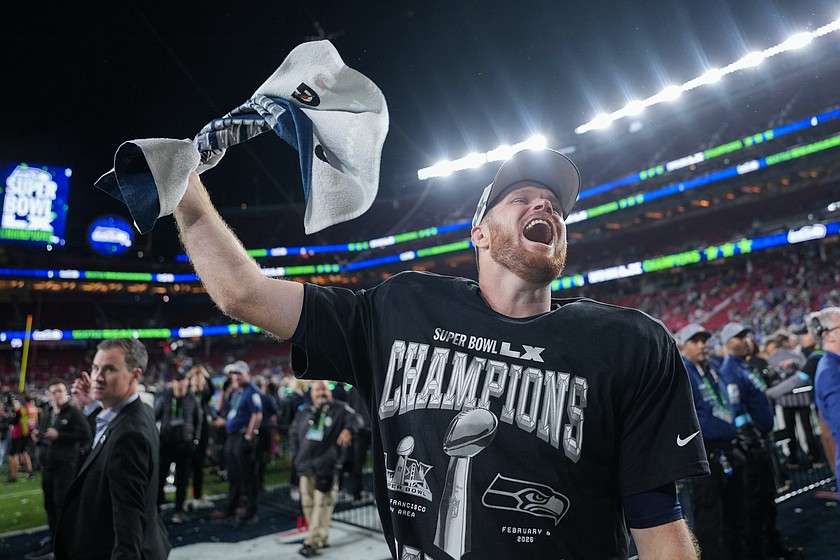 Seattle Seahawks quarterback Sam Darnold celebrates after a win over the New England Patriots in the NFL Super Bowl 60 football game, Sunday, Feb. 8, 2026, in Santa Clara, Calif. The estate of the franchise's late owner has announced that the Seahawks will go up for sale.