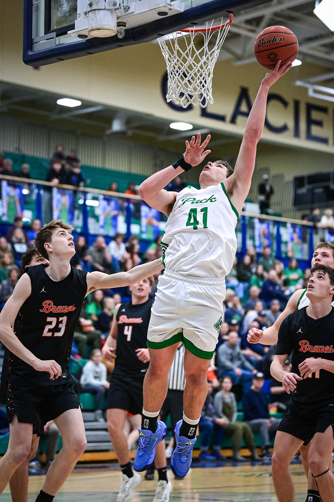 Glacier's Asher Knopik (41) goes to the basket in the first half against Flathead at Glacier High School on Thursday, Feb. 19. (Casey Kreider/Daily Inter Lake)