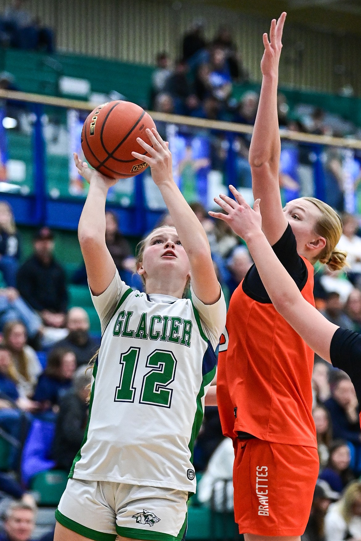 Glacier's Lucy Holloway (12) drives to the basket in the second quarter against Flathead at Glacier High School on Thursday, Feb. 19. (Casey Kreider/Daily Inter Lake)